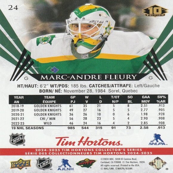 Marc-Andre Fleury - 2024/2025 Tim Hortons 10th Anniversary Edition Card - Picture 2 of 2